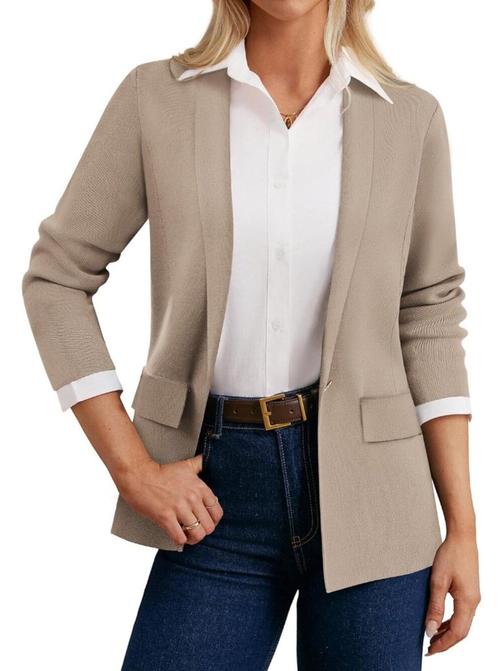 Women's Khaki Cardigan Sweater Blazers Business Casual Long Sleeve Open Front